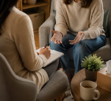 A counsellor listening to a client in a calm, comfortable office