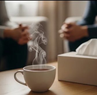 A cup of tea beside a counselling chair